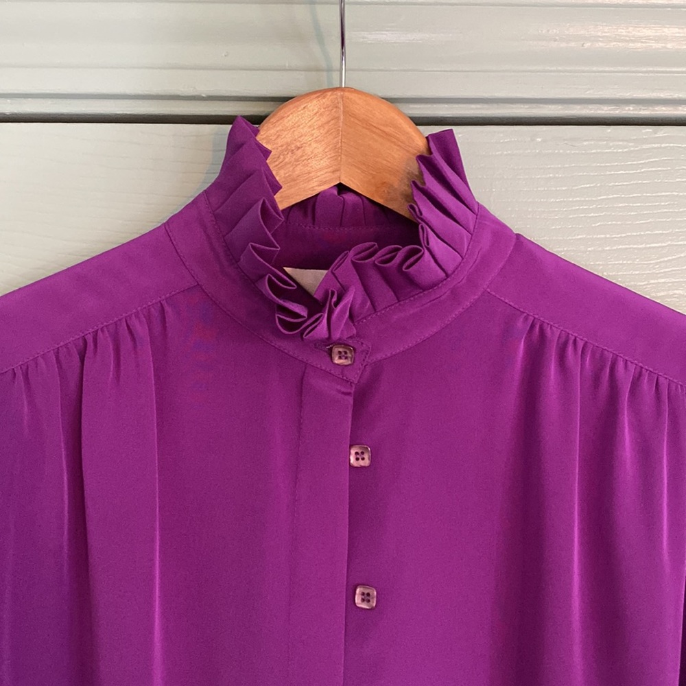 ST. JOHN royal purple high neck blouse with covered buttons & ruffle detail